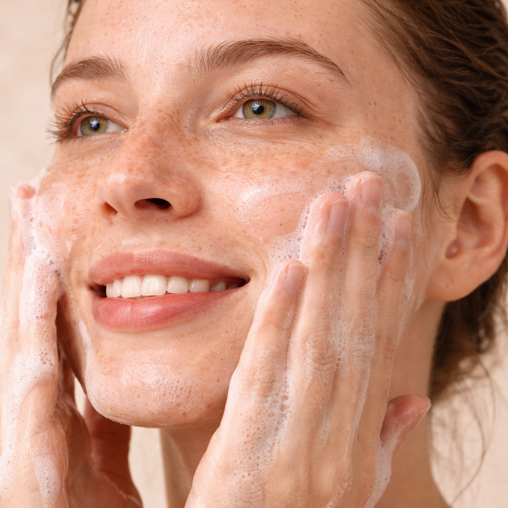 Woman applying a skincare product to her face with a neutral background