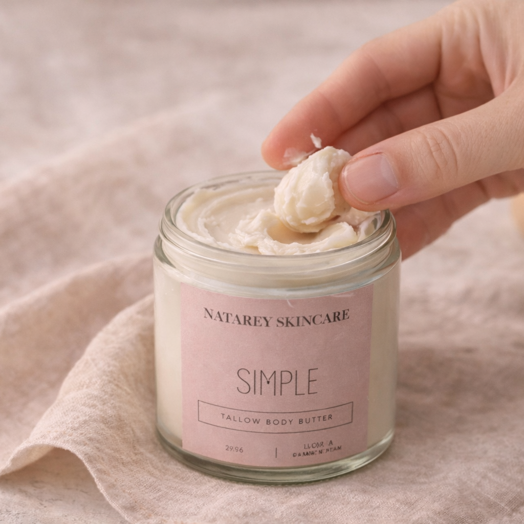 Hand holding a jar of 'Naturey Skincare Simple' yellow body butter on a textured surface.