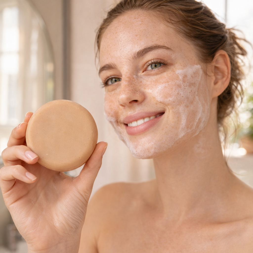 Woman with a skincare product in a bathroom setting